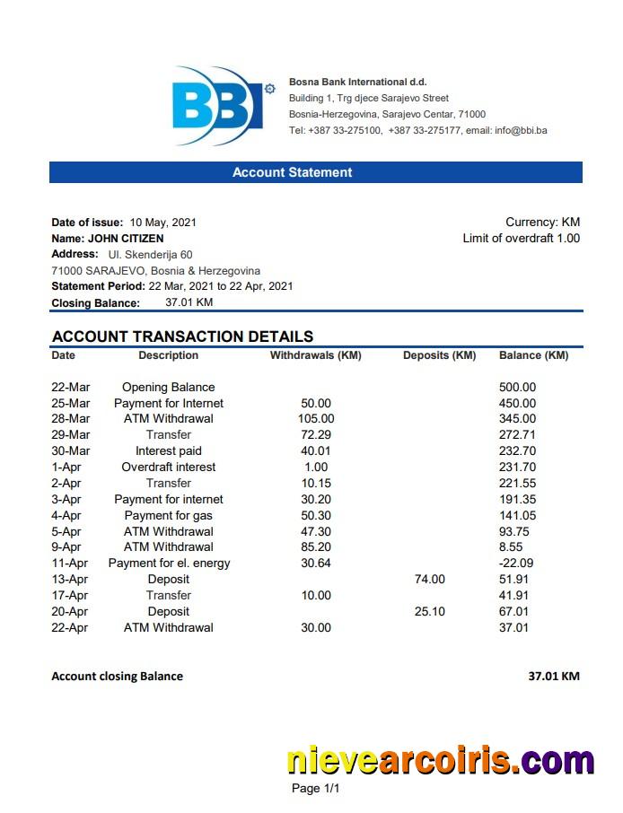 Bosnia and Herzegovina Bosna Bank International bank statement easy to fill in Excel and PDF format (AutoSum)